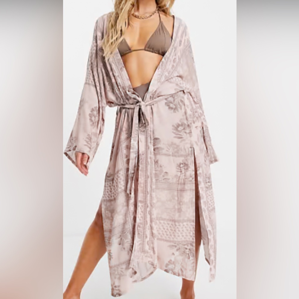 ASOS Design Belted Beach Kimono In Tile Print 100%Viscose